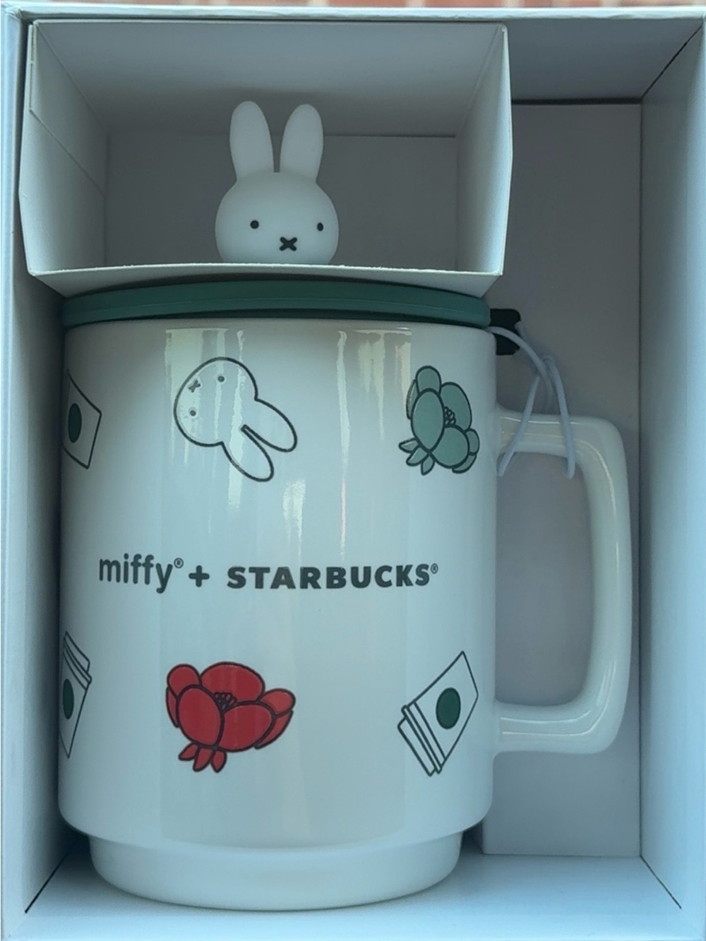Starbucks x Miffy White Ceramic Mug with Green Lid and Red Floral Accents